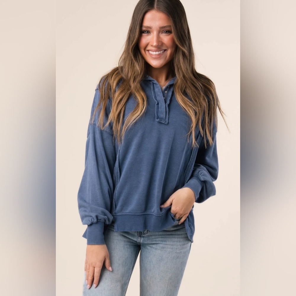 Women's Blue Mineral Washed Half Snap Pullover Top